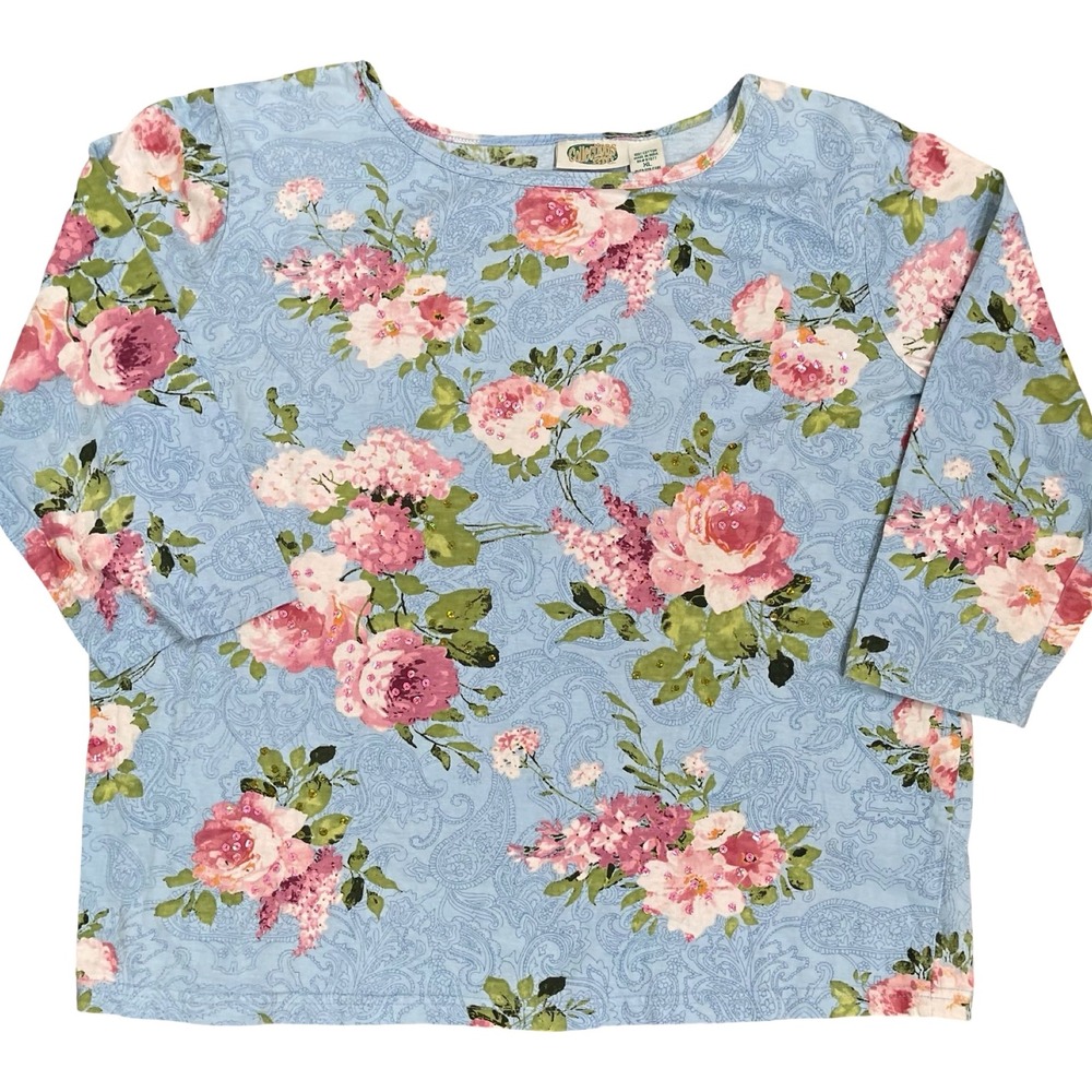 Vintage Collections Rose Floral Paisley Top Women XL Blue Pink Sequin Y2K Fairy